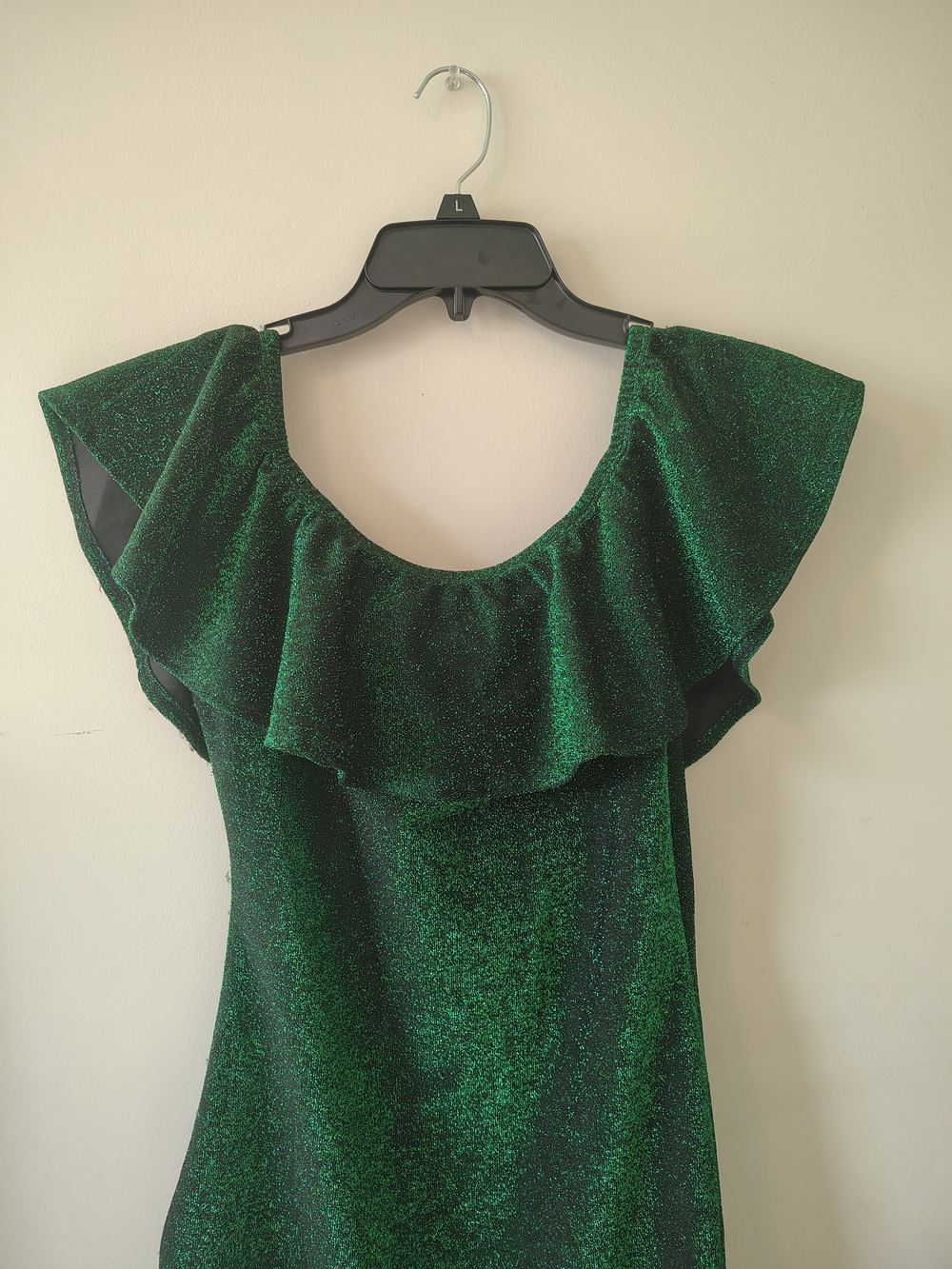 Shimmer Green Ruffle-Shoulder Mini Dress - Picture 7 of 7